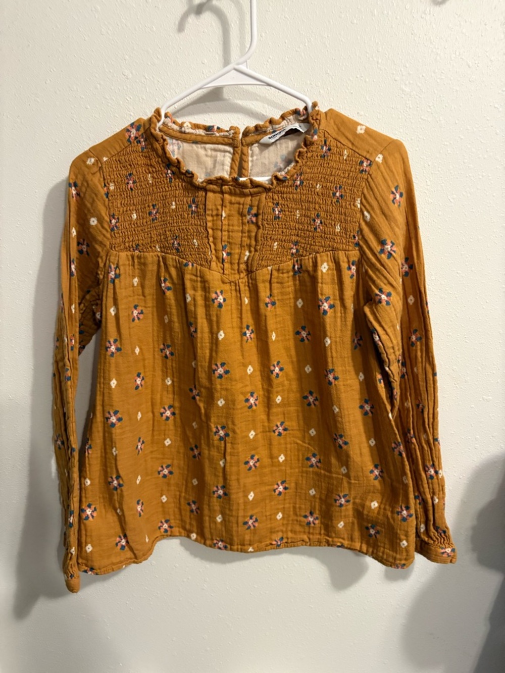 Sonoma Mustard Floral Smocked Boho  Long-Sleeve Blouse Size Medium